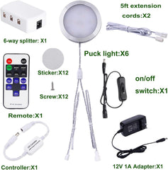 Linkable Under Cabinet LED Lighting Kit 12V Slim Dimmable LED Puck Lights with Wireless Controller & UL Listed Wall Plug for Under Counter Lights, Display, Book Case Lighting(6 Pcs, 6000K)