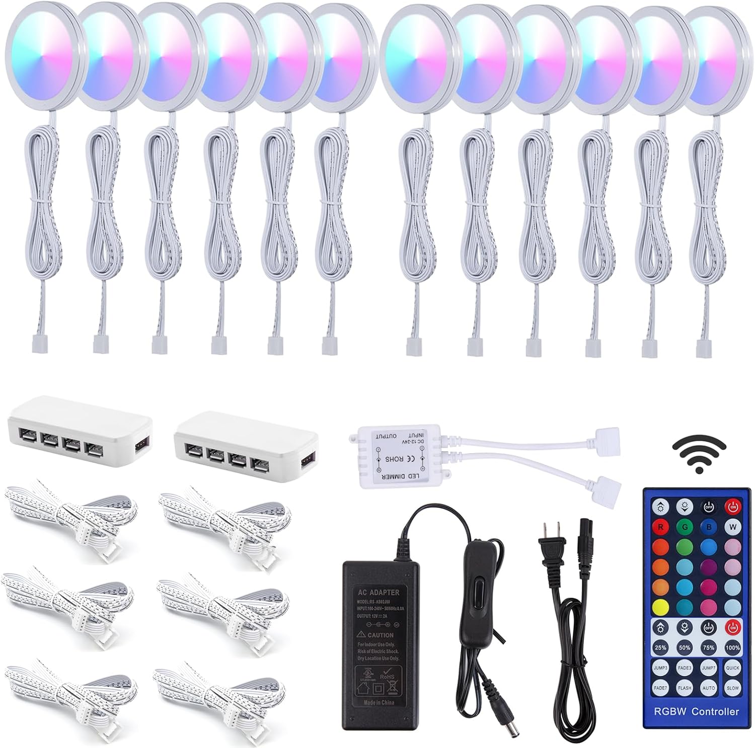 Lot de 12 lumières LED RGBWW sous armoire à changement de couleur avec télécommande pour armoire de cuisine, étagère, vitrine, 20 couleurs statiques et 6 modes dynamiques à distance