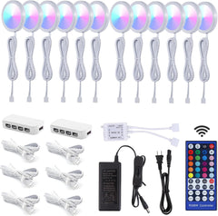 12 Pack RGBWW LED Under Cabinet Lights Color Changing Puck Lights with Remote for Kitchen Cabinet Shelf Showcase Light Fixture,20 Static Colors and 6 Dynamic Modes Remote