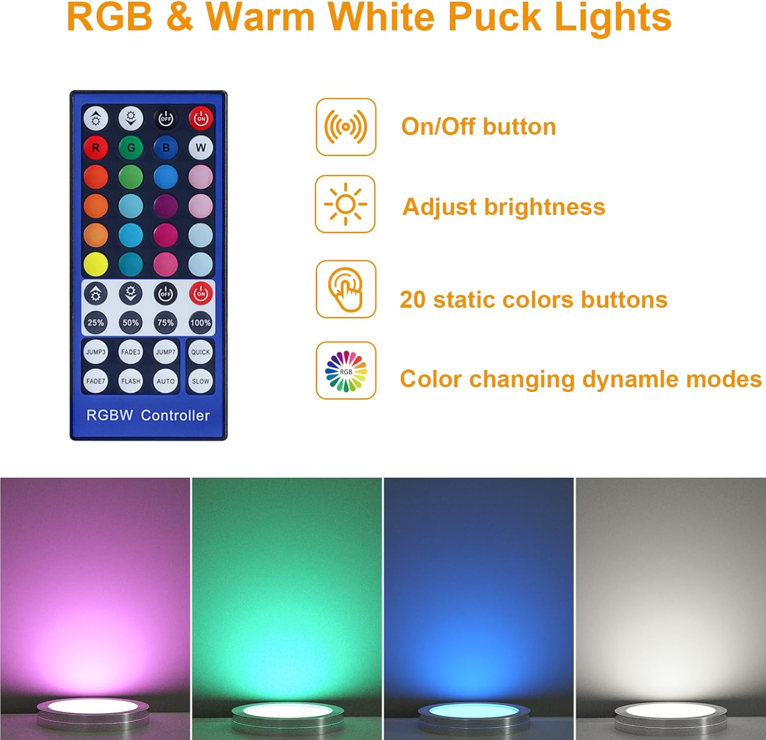 12 Pack RGBWW LED Under Cabinet Lights Color Changing Puck Lights with Remote for Kitchen Cabinet Shelf Showcase Light Fixture,20 Static Colors and 6 Dynamic Modes Remote