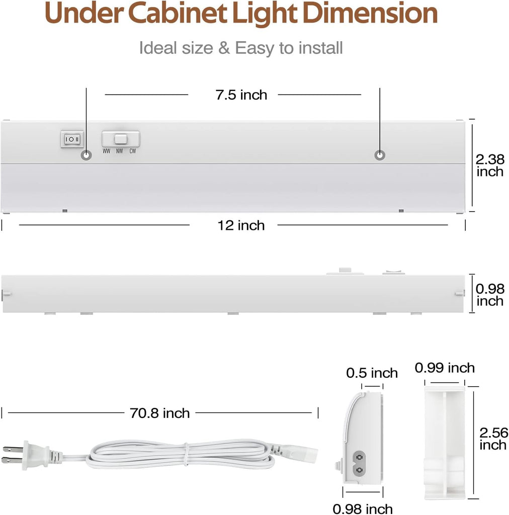 12 inch led Under Cabinet Task Lighting for Kitchen Plug-in Closet Light dimmable Under Cabinet Light 3 Color 3000K/4000K/5000K