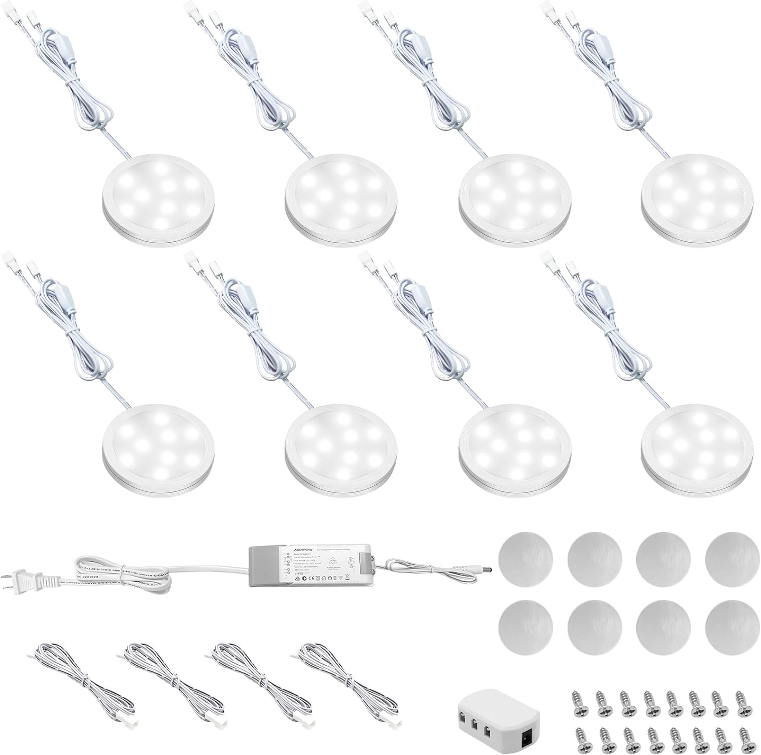 Éclairage sous armoire, rondelles lumineuses à LED 12 V, connectables, enfichables, câblées, pilote LED, transformateur à intensité variable compatible avec la plupart des variateurs, lot de 8, blanc jour