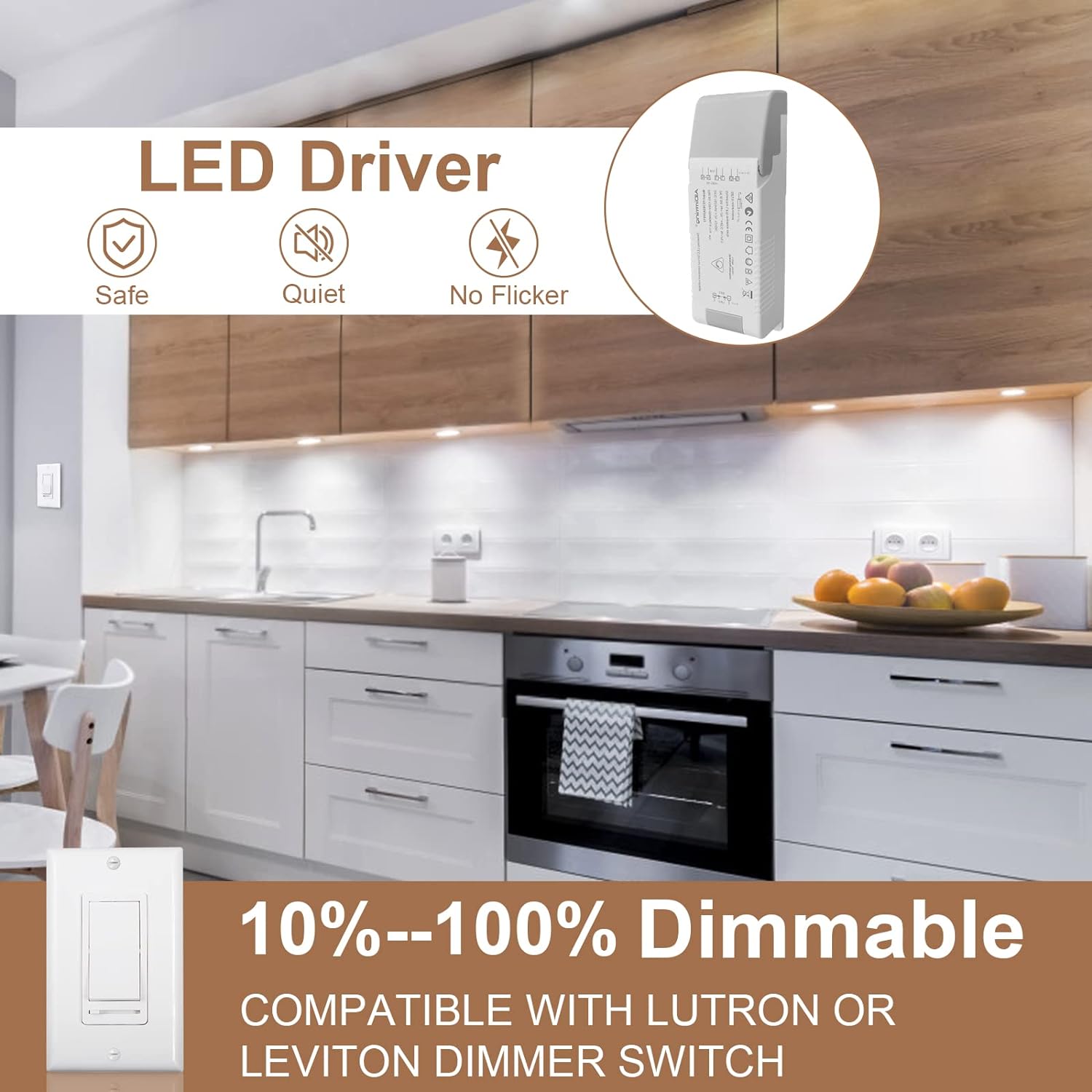 Éclairage sous armoire, rondelles lumineuses à LED 12 V, connectables, enfichables, câblées, pilote LED, transformateur à intensité variable compatible avec la plupart des variateurs, lot de 8, blanc jour