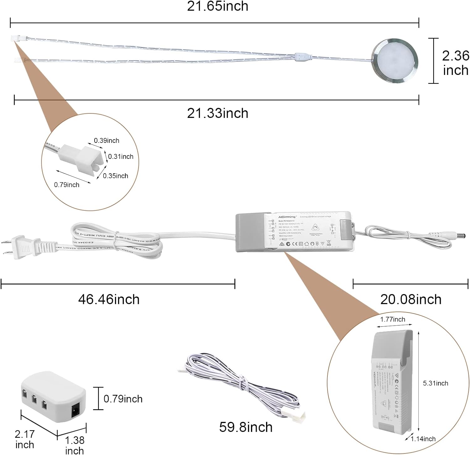 Éclairage sous armoire, rondelles lumineuses à LED 12 V, connectables, enfichables, câblées, pilote LED, transformateur à intensité variable compatible avec la plupart des variateurs, lot de 8, blanc jour