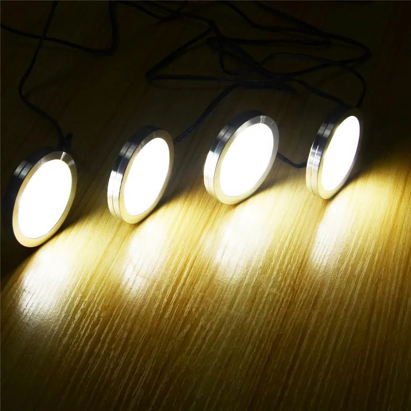 12V Under Cabinet LED Lighting Slim Aluminum 2W 30cm Hardwired Round Shape Flat Puck Lights for Kitchen Counter Lighting