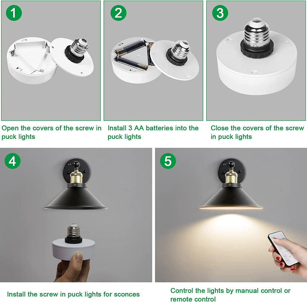 Screw in Puck Lights, E26 Puck Lights with Remote, 2 Pack Battery Powered Puck Lights with Screw in Base for Non-Hardwired Wall Sconces Fixtures ( Batteries Not Included )