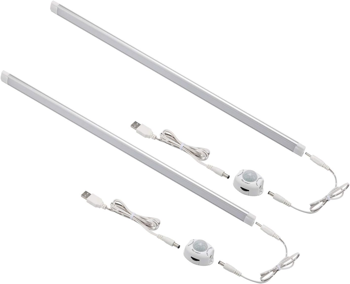 Lot de 2 lampes d'armoire à détecteur de mouvement à LED, alimentées par USB, kit d'éclairage sous le comptoir de 20 pouces avec minuterie d'arrêt automatique pour armoire de garde-manger de cuisine (blanc naturel 4000 K) 