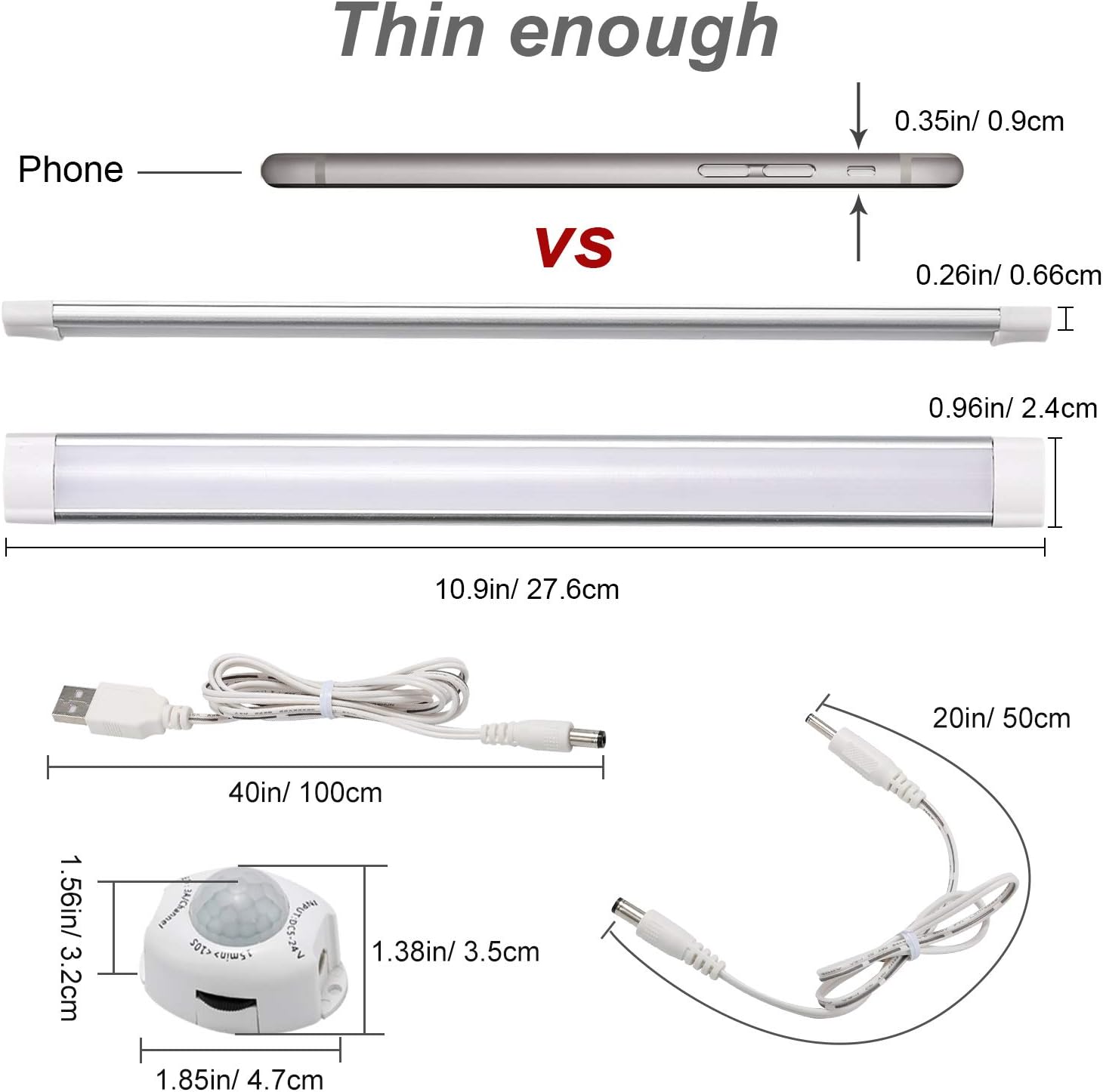 LED-Schrankleuchte mit Bewegungsmelder, 2er-Pack, USB-betriebenes Nachtlicht für den Schrank, 20-Zoll-Beleuchtungsset unter der Theke mit automatischem Abschalttimer für Küchen-, Speisekammer- und Kleiderschrankschränke (Naturweiß 4000 K) 