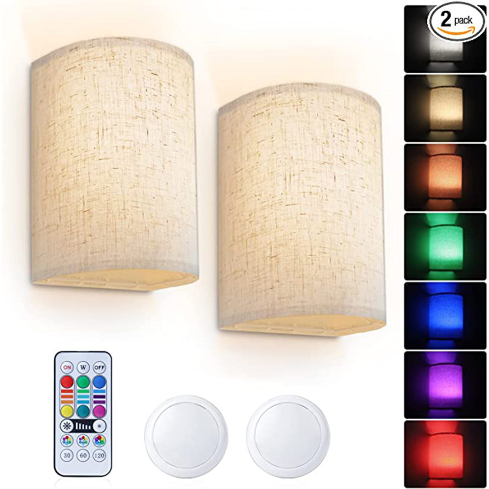 16 RGB Colors Changeable Wall Lamp with Fabric Linen Shade Wireless Dimmable Wall Sconce Lighting Decor (2 PACK)