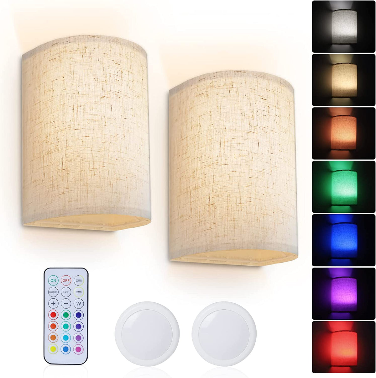 16 RGB Colors Changeable Wall Lamp with Fabric Linen Shade Wireless Dimmable Wall Sconce Lighting Decor (2 PACK)