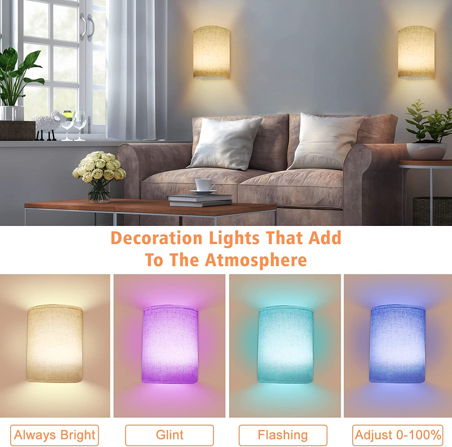 USB Rechargeable Wall Sconce with Fabric Shade Remote Control, RGB Colors Dimmable Wall Lamp Fixtures (2 PACK)