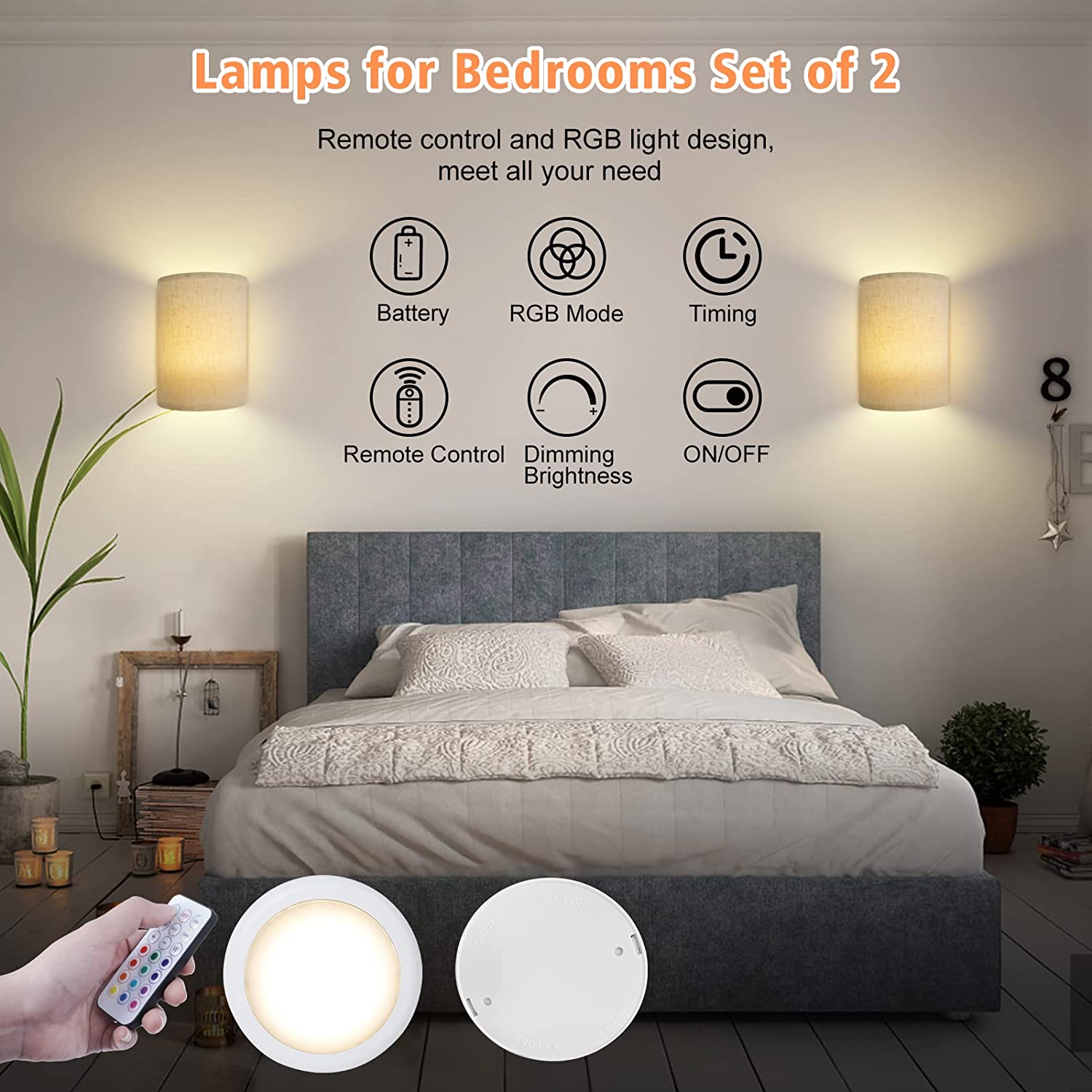 USB Rechargeable Wall Sconce with Fabric Shade Remote Control, RGB Colors Dimmable Wall Lamp Fixtures (2 PACK)