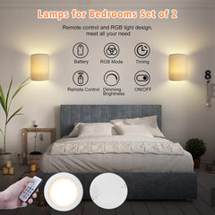 Applique murale rechargeable USB avec abat-jour en tissu, télécommande, couleurs RVB, luminaires muraux à intensité variable (LOT DE 2)