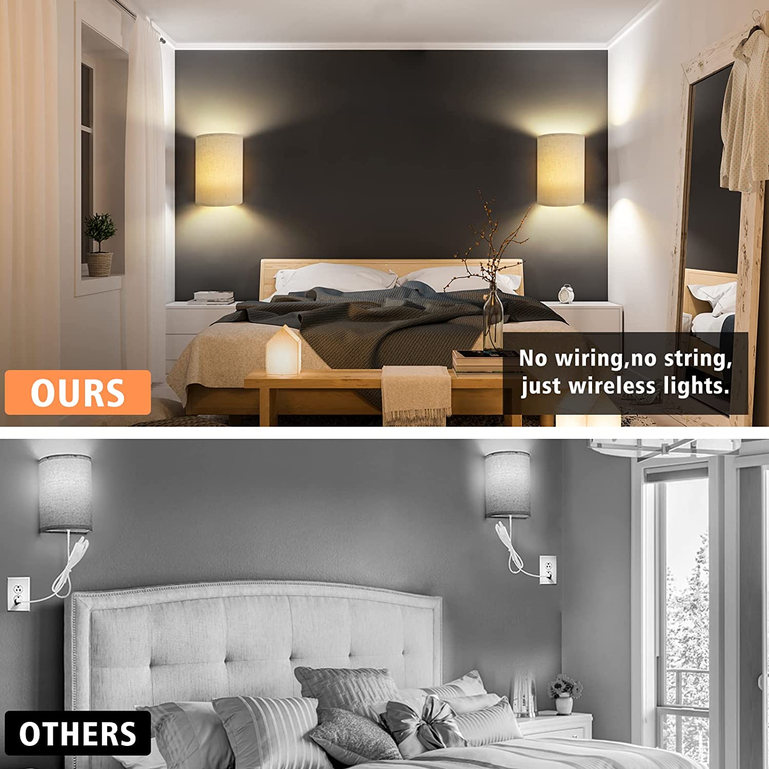 Applique murale rechargeable USB avec abat-jour en tissu, télécommande, couleurs RVB, luminaires muraux à intensité variable (LOT DE 2)
