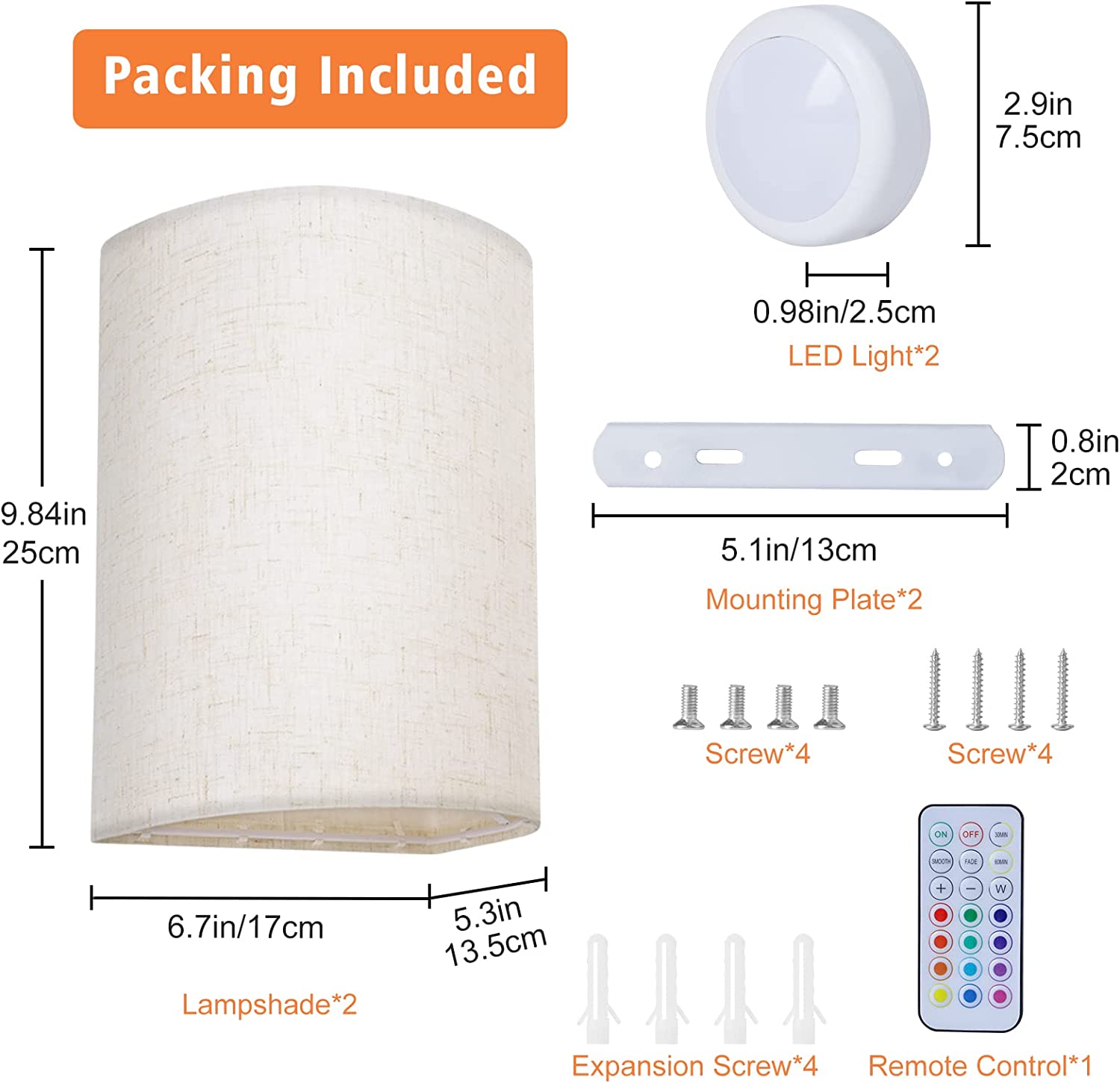 Applique murale rechargeable USB avec abat-jour en tissu, télécommande, couleurs RVB, luminaires muraux à intensité variable (LOT DE 2)