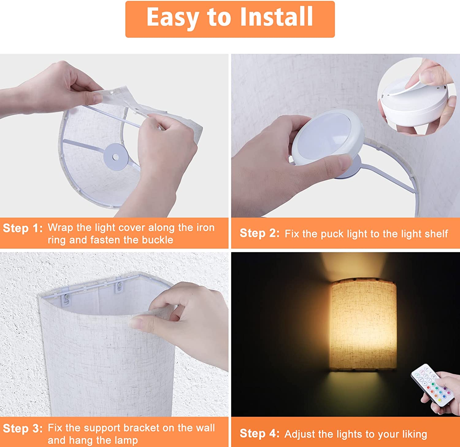 Applique murale rechargeable USB avec abat-jour en tissu, télécommande, couleurs RVB, luminaires muraux à intensité variable (LOT DE 2)