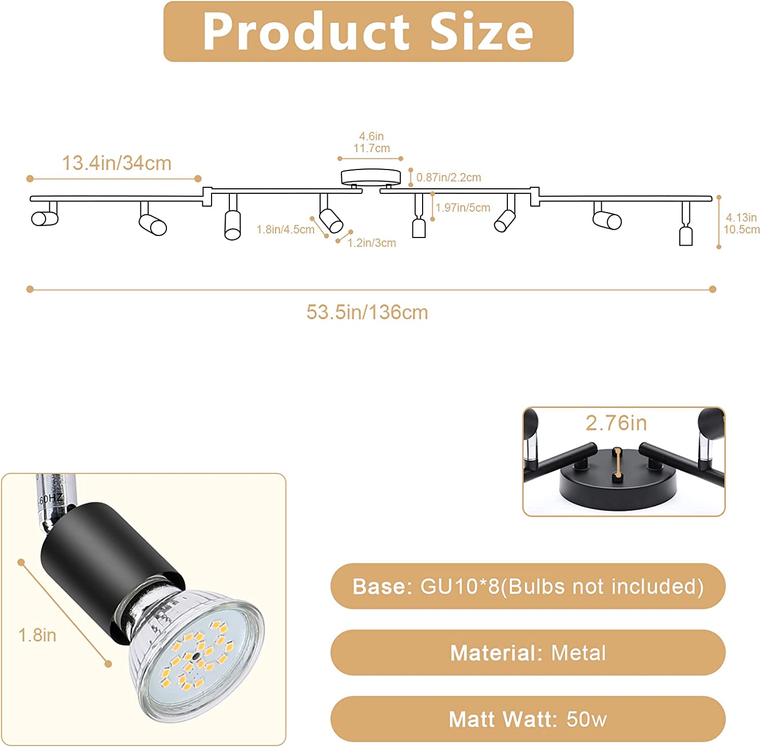 8 Lights LED Track Lighting Kit, Foldable Ceiling Spot Lighting with Flexibly Rotatable Head, Track Light for Kitchen Hallway Room Closet, GU10 Bulbs Not Included (Silver 8 Heads)