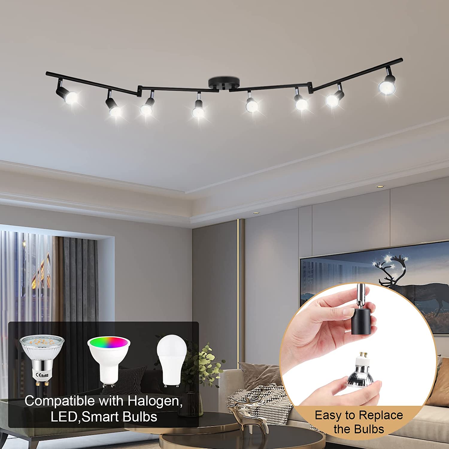 8 Lights LED Track Lighting Kit, Foldable Ceiling Spot Lighting with Flexibly Rotatable Head, Track Light for Kitchen Hallway Room Closet, GU10 Bulbs Not Included (Silver 8 Heads)