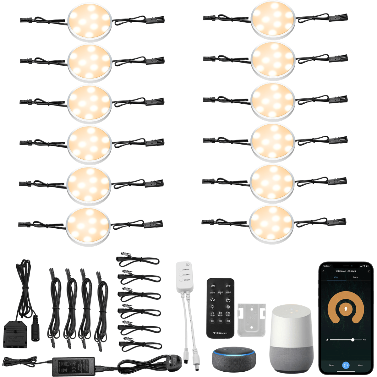12 Pack Smart Under Cabinet Lights Plug in, 12V Warm Led Puck Lights with Remote and Compatible with Alexa,APP, 3000K Dimmable Under Counter Lights for Kitchen Closet - plug in puck lights - AIBOO