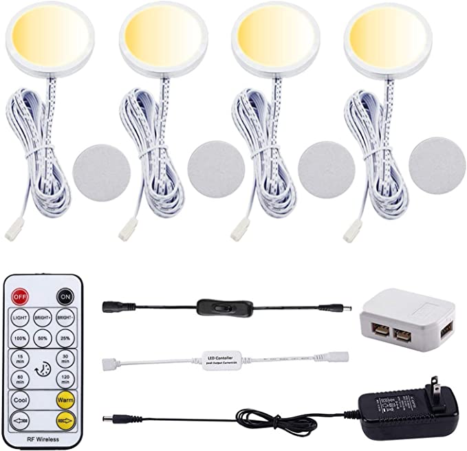 LED-Puck-Leuchten für unter den Schrank, Farbtemperatur einstellbar, Warmweiß, Doppelfarbe mit dimmbarer RF-Fernbedienung für stimmungsvolle Displaybeleuchtung in Küchenregalen (4 Lichter, 12 W)