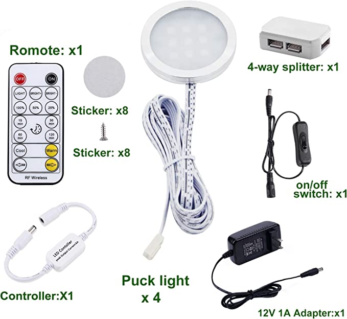 LED-Puck-Leuchten für unter den Schrank, Farbtemperatur einstellbar, Warmweiß, Doppelfarbe mit dimmbarer RF-Fernbedienung für stimmungsvolle Displaybeleuchtung in Küchenregalen (4 Lichter, 12 W)