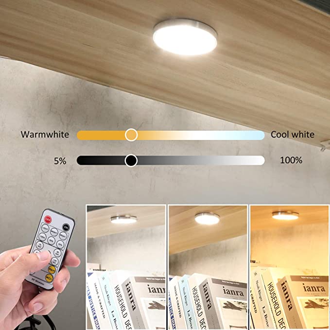 LED Under Cabinet Puck Lights Color Temperature Adjustable Warm+White Double Color with Dimmable RF Remote Controller for Kitchen Shelf Ambiance Display Lighting (4 Lights, 12W)