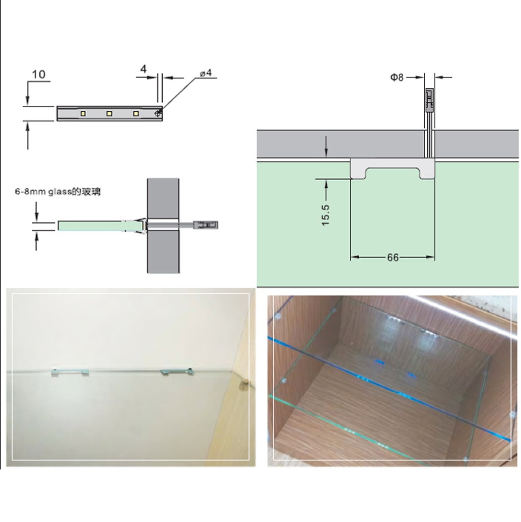 AIBOO Single Under Cabinet LED Light for Glass Edge Shelf Back Side Clip Clamp Strip Lighting (Not Include Remote)