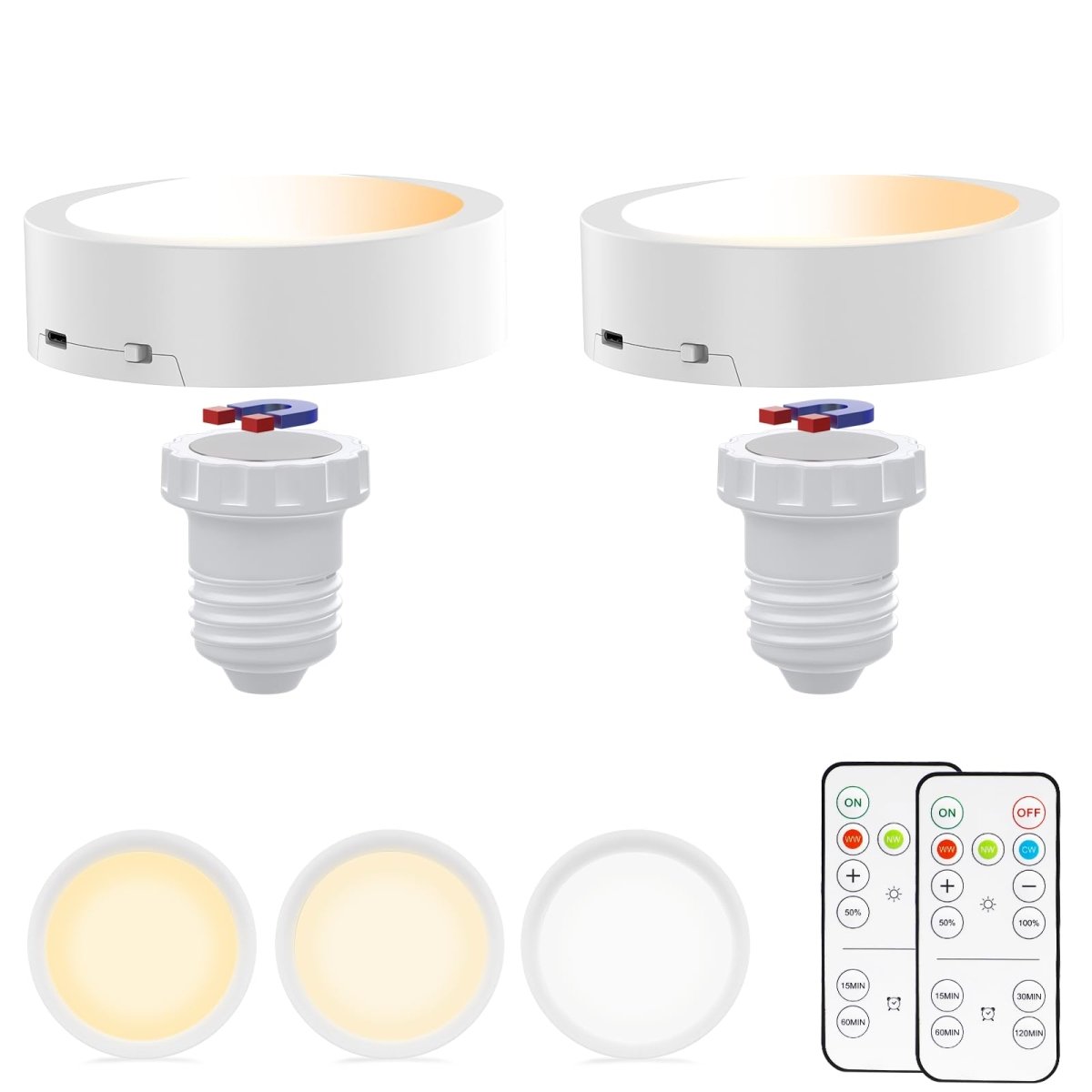 USB Rechargeable Light Bulb 2 Pack with Remote,Wireless E27 LED Light Bulb Dimmable Timer and 3 Color Temperatures,Puck Lights Bulbs E27 for Lamps,Wall Light,Home Indoor Lighting [Energy Class E] - light bulb - AIBOO