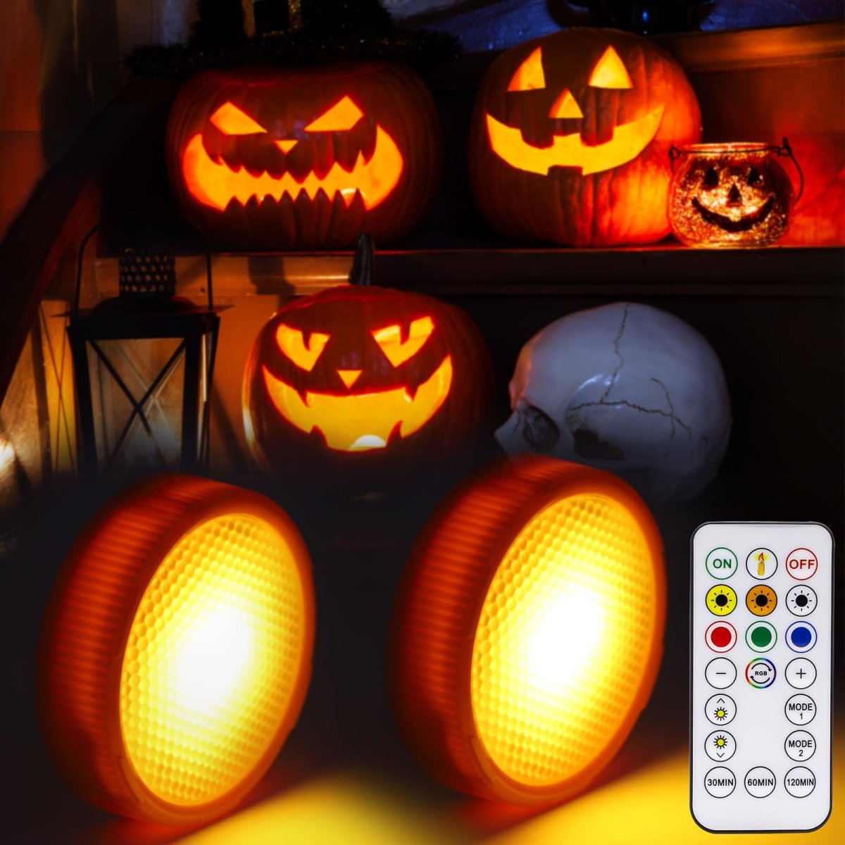 Halloween LED Pumpkin Lights - 2 - Pack with Remote Control & Timer, Battery - Operated Flameless RGB & Warm Orange Candles for Festive Decor - garden light - AIBOO
