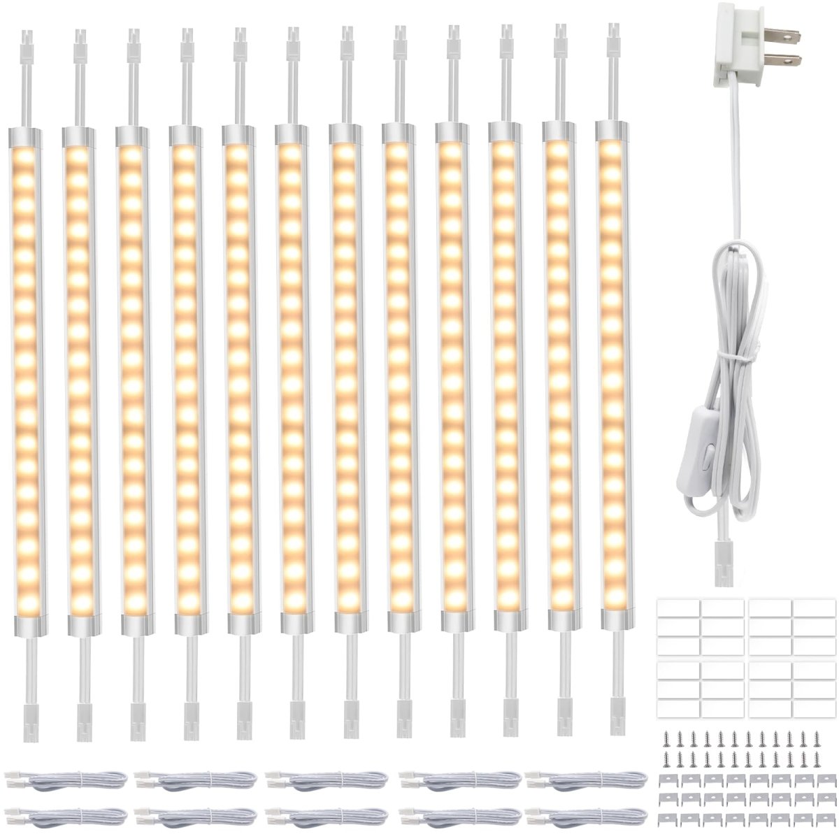AIBOO Under Cabinet Lighting, Dimmable 12 inch Under Counter Lights, 120V Plug in & Hardwired, Linkable LED Closet Lights for Kitchen, Shelf, Workbench, Desk,Cupboard,Garage (12 PCS), Warm White 3000K - 120v cabinet lights - AIBOO