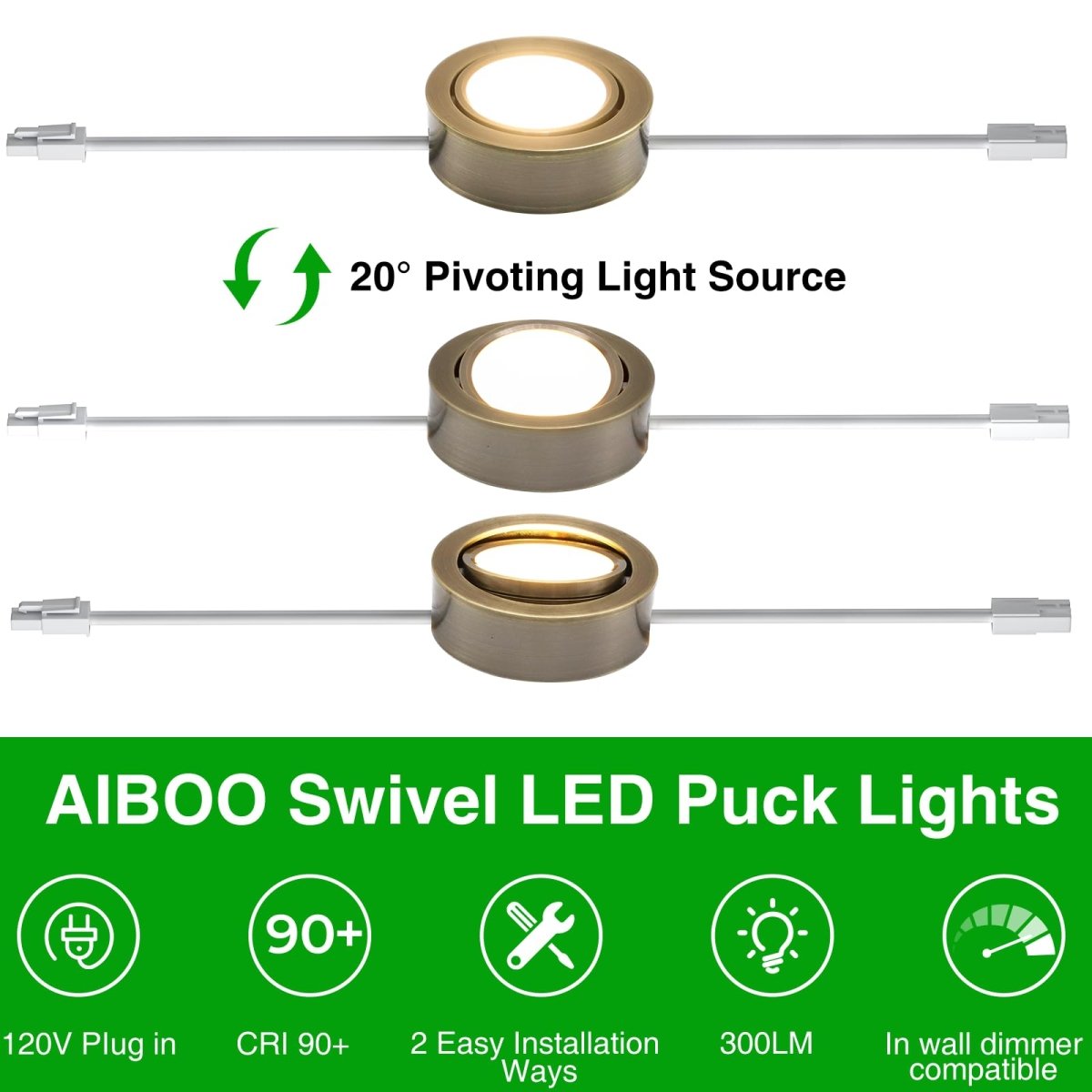 Swivel Puck Lights, Dimmable 120V LED Under Cabinet Lighting,Hardwired/Plug in for Kitchen, Closet, Display Cabinet, Shelf(Warm White/3000K) (Bronze, 4, Pack) - 120v cabinet lights - AIBOO