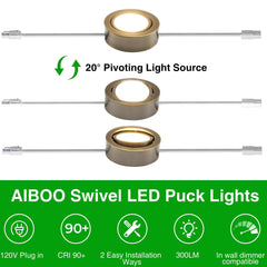 Swivel Puck Lights, Dimmable 120V LED Under Cabinet Lighting,Hardwired/Plug in for Kitchen, Closet, Display Cabinet, Shelf(Warm White/3000K) (Bronze, 4, Pack) - 120v cabinet lights - AIBOO