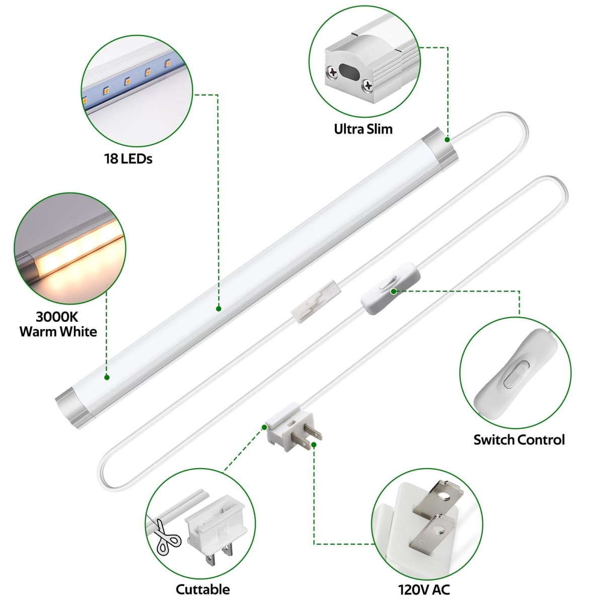 AIBOO Under Cabinet Lighting, Dimmable 12 inch Under Counter Lights, 120V Plug in & Hardwired, Linkable LED Closet Lights for Kitchen, Shelf, Workbench, Desk,Cupboard,Garage (12 PCS), Warm White 3000K - 120v cabinet lights - AIBOO