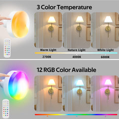 3000mAh Battery Rechargeable Light Bulbs Dimmable, 12RGB+CCT Color Changing Screw in Puck Light Bulbs, Non Hardwired LED E26 Bedroom Light Bulbs for Wall Sconce,Table Lamp(2 Pack) - light bulb - AIBOO