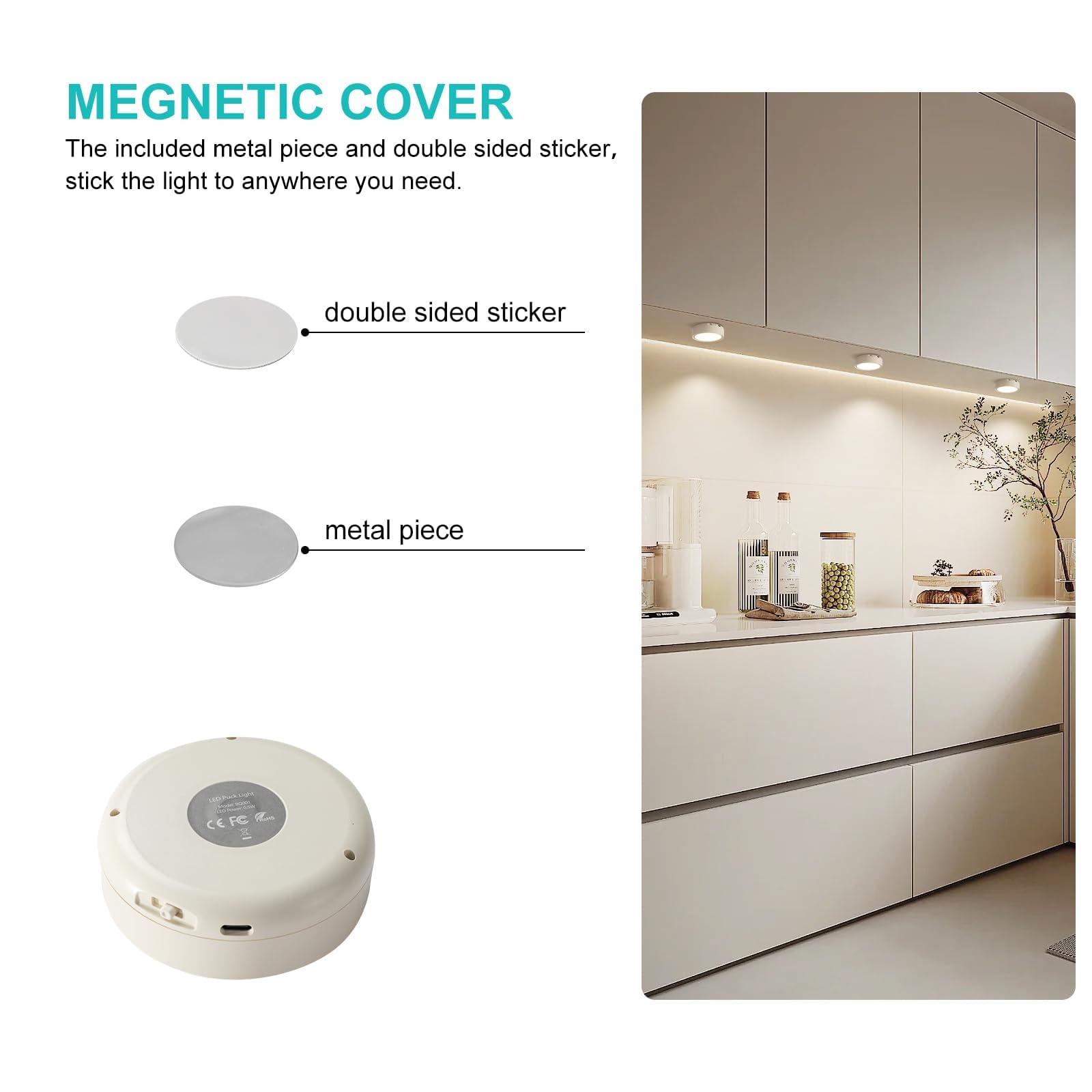 AIBOO Under-Unit Light Kitchen LED Battery Warm White with Wireless, Pack of 6 Under-Unit Light Kitchen Without Cable LED 3 Colour Temperatures Dimmable Cabinet Lighting for Under Cabinet Light