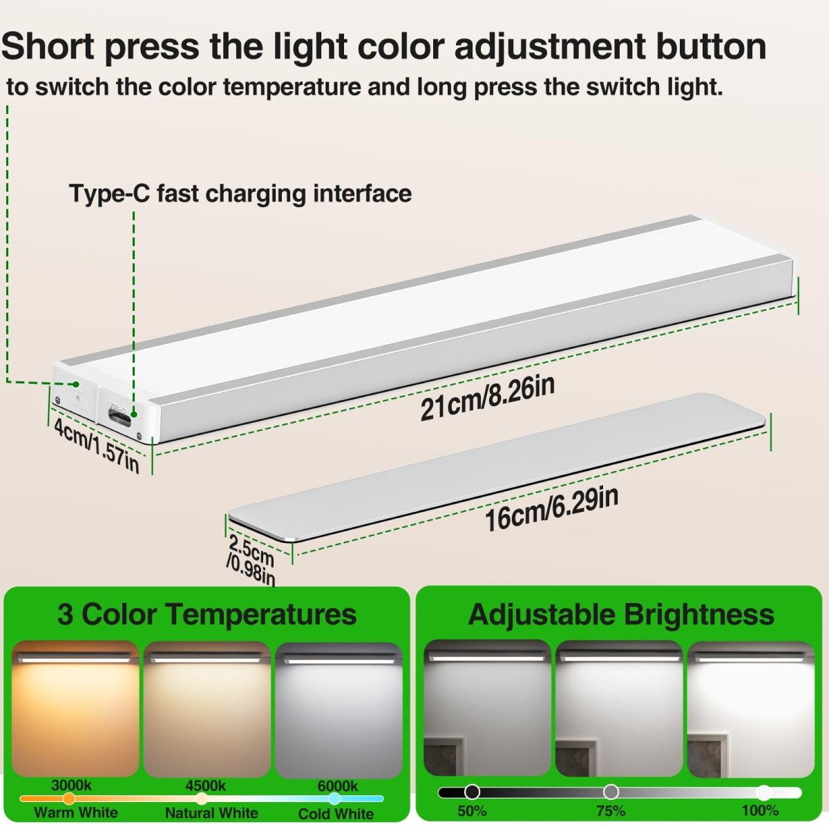 Under Counter Lights, 1800mAh Rechargeable Gun Safe Lights Motion Sensor Lights,3 Pack 8 inch Under Cabinet Lighting,3 Color Temperatures Magnetic Closet Lights for Kitchen, Stairs,Wardrobe - cabinet lights - AIBOO