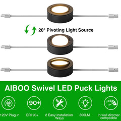 Swivel Puck Lights, Dimmable 120V LED Under Cabinet Lighting,Hardwired/Plug in for Kitchen, Closet, Display Cabinet, Shelf(Warm White/3000K) (Black, 4, Pack)