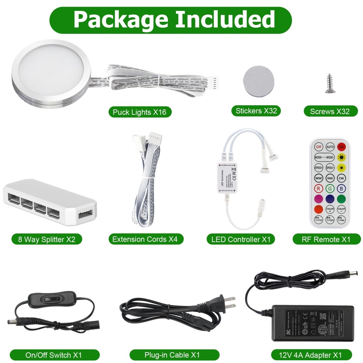AIBOO Under Cabinet Lighting Kit, 16 Pack Dimmable RGB and CCT LED Puck Lights with Timer Function, Wireless Remote Control, Linkable Design, Ideal for Kitchen, Living Room, and Display Shelves - under cabinet lighting kit - AIBOO