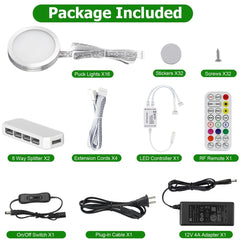 AIBOO Under Cabinet Lighting Kit, 16 Pack Dimmable RGB and CCT LED Puck Lights with Timer Function, Wireless Remote Control, Linkable Design, Ideal for Kitchen, Living Room, and Display Shelves - under cabinet lighting kit - AIBOO