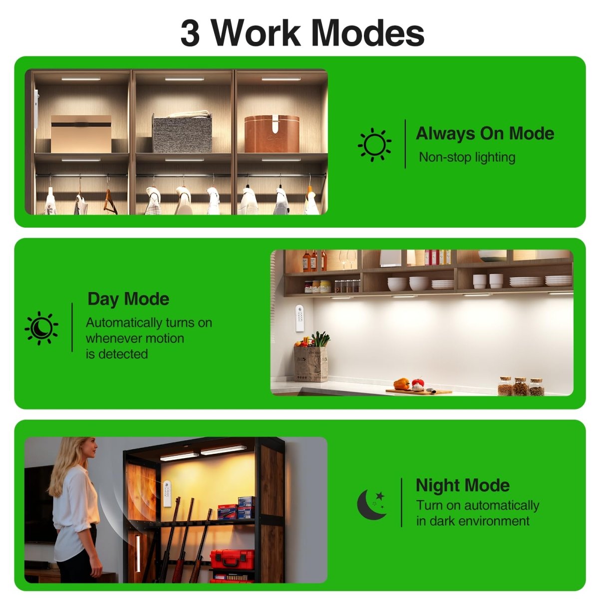 Under Counter Lights, 1800mAh Rechargeable Gun Safe Lights Motion Sensor Lights,3 Pack 8 inch Under Cabinet Lighting,3 Color Temperatures Magnetic Closet Lights for Kitchen, Stairs,Wardrobe - cabinet lights - AIBOO