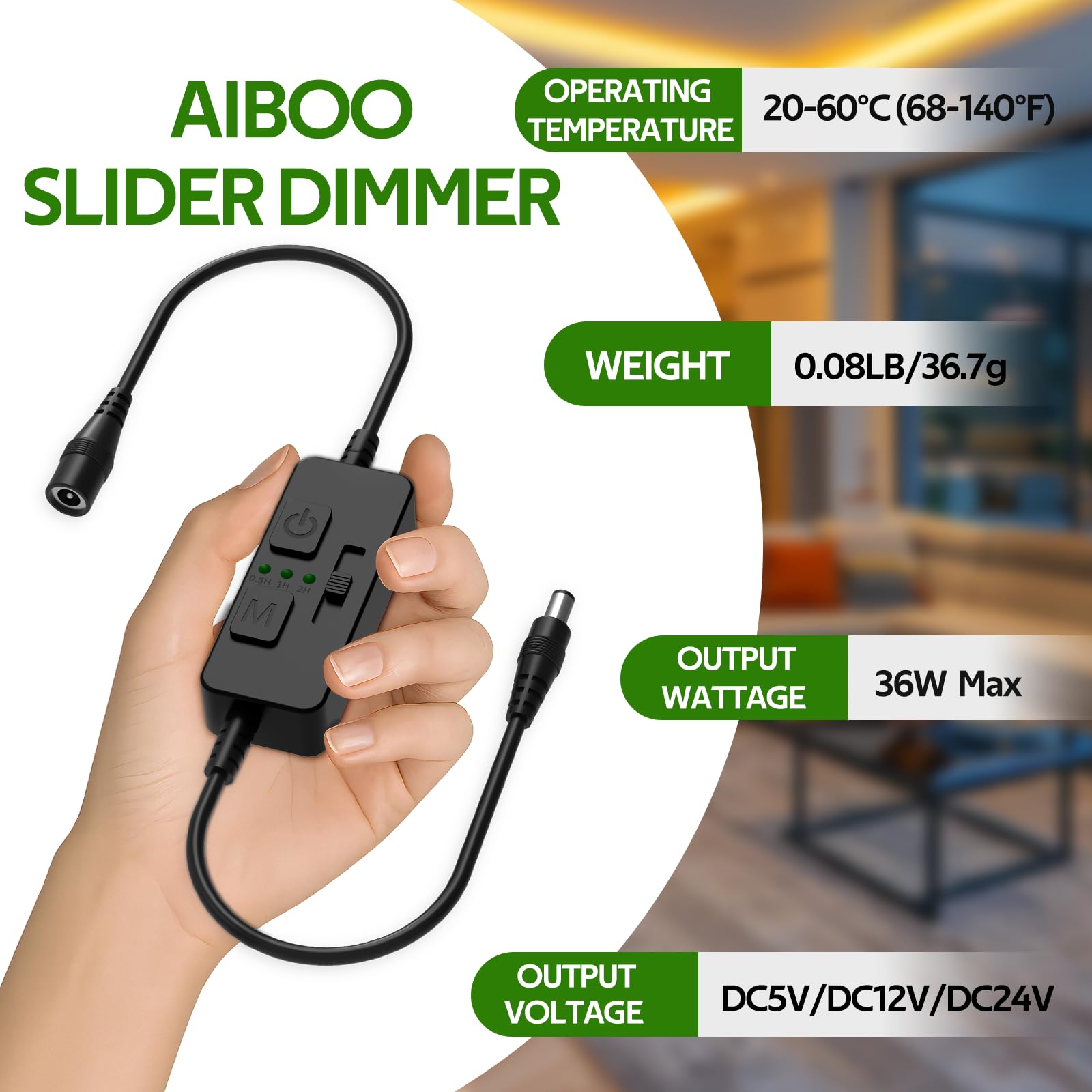 AIBOO Single Color Slider Dimmer with Timer - PWM 1pc DC 5V/12V/24V LED Controller, 36W Max, Slide Brightness Control & Auto-Off for LED Strip Lights, Closet, Counter, Aquarium Lighting