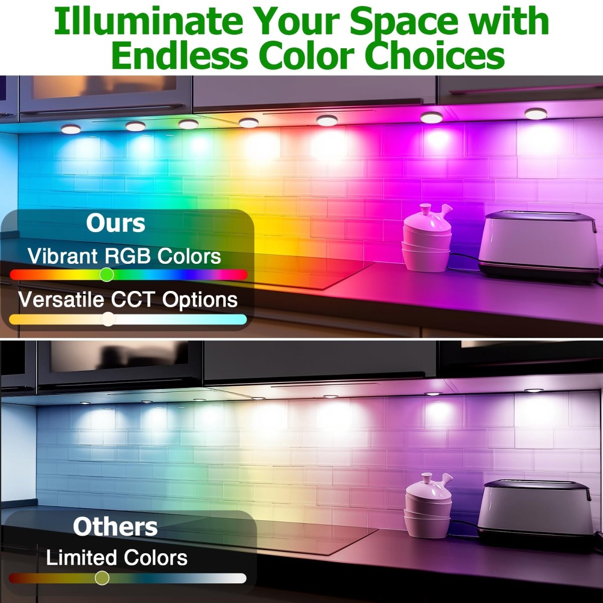 AIBOO Under Cabinet Lighting Kit, 16 Pack Dimmable RGB and CCT LED Puck Lights with Timer Function, Wireless Remote Control, Linkable Design, Ideal for Kitchen, Living Room, and Display Shelves - under cabinet lighting kit - AIBOO