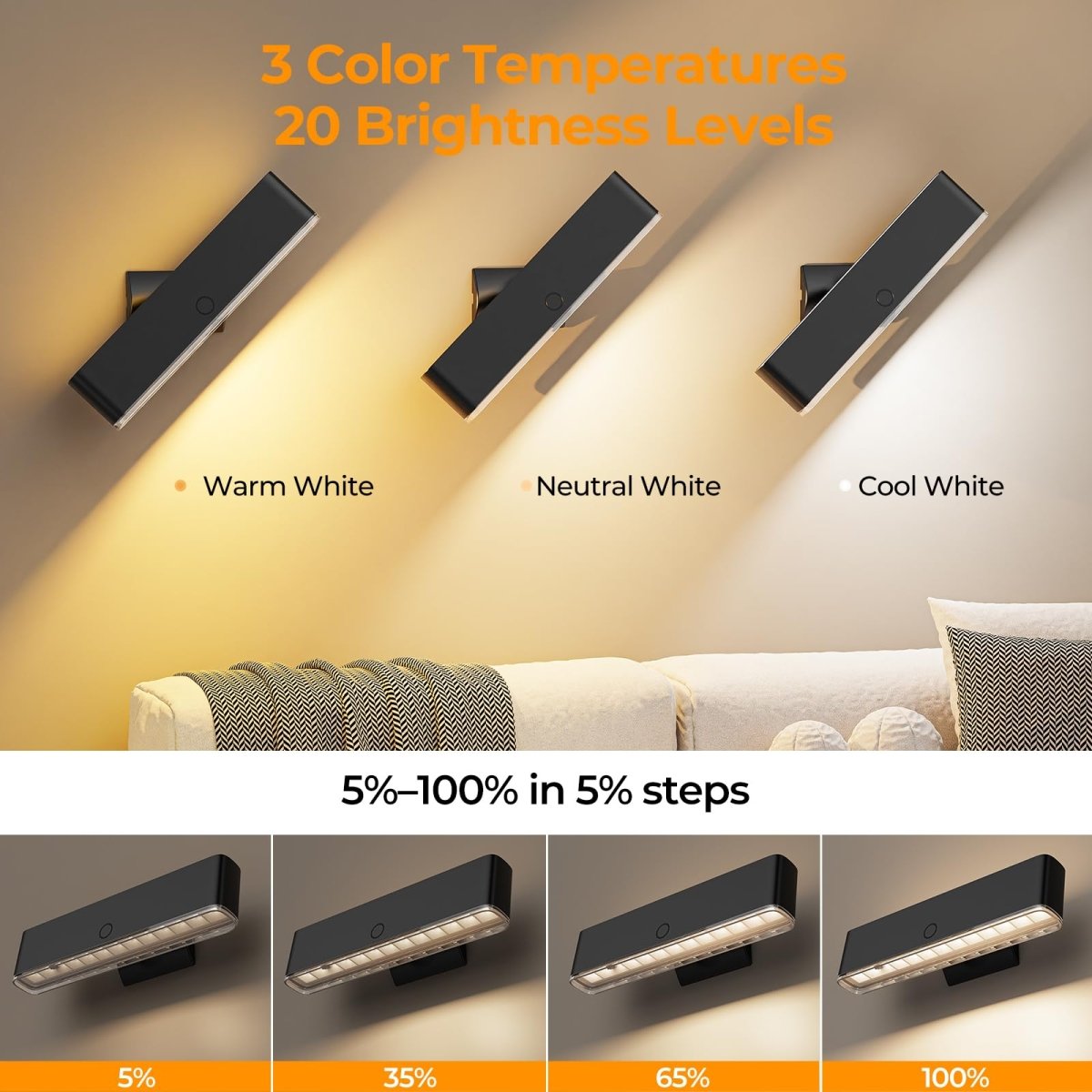 Battery Operated Wall Sconce Set of 2 Wireless Wall Lamp with Remote Control & Touch Control Rechargeable LED Wall Lights 3 Color Temperatures 360° Rotatable for Bedroom Living Room Black - wall sconce - AIBOO