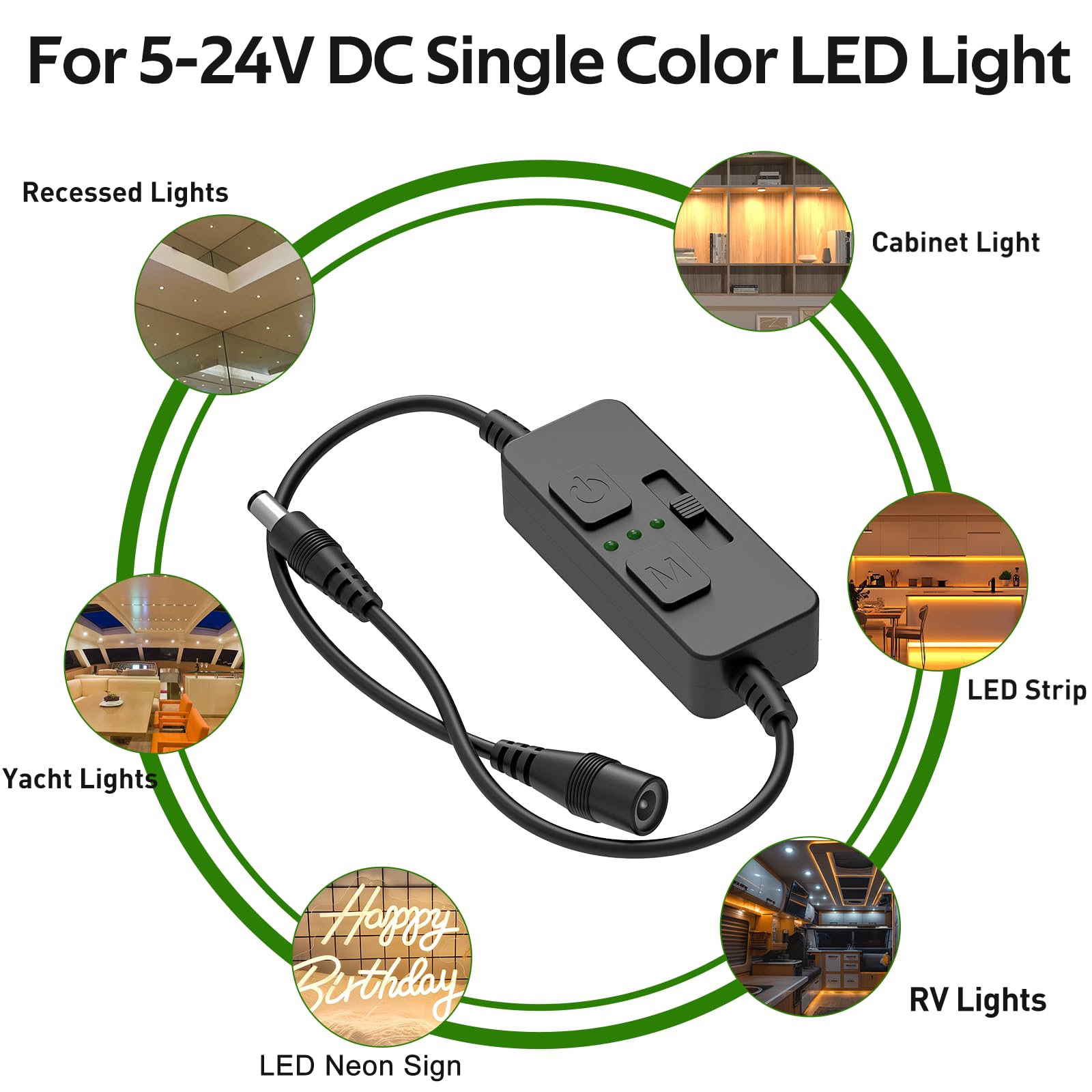 AIBOO Single Color Slider Dimmer with Timer - PWM 1pc DC 5V/12V/24V LED Controller, 36W Max, Slide Brightness Control & Auto-Off for LED Strip Lights, Closet, Counter, Aquarium Lighting