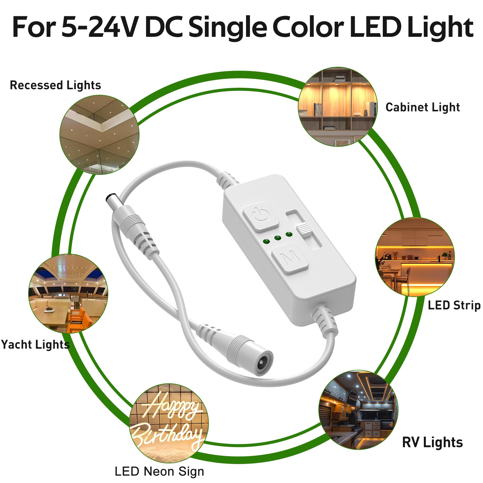 AIBOO Single Color Slider Dimmer with Timer - PWM 1pc DC 5V/12V/24V LED Controller, 36W Max, Slide Brightness Control & Auto-Off for LED Strip Lights, Closet, Counter, Aquarium Lighting