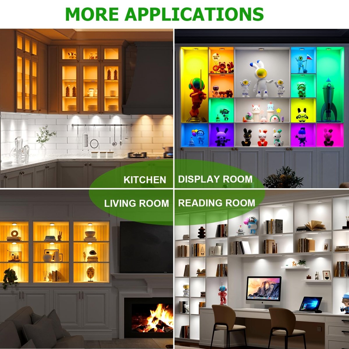 AIBOO Under Cabinet Lighting Kit, 16 Pack Dimmable RGB and CCT LED Puck Lights with Timer Function, Wireless Remote Control, Linkable Design, Ideal for Kitchen, Living Room, and Display Shelves - under cabinet lighting kit - AIBOO