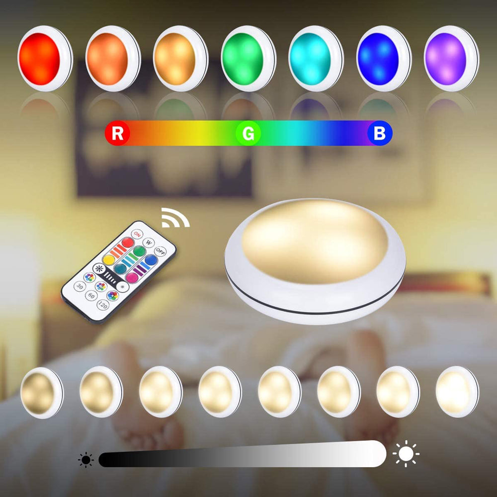 AIBOO USB Rechargable RGBW LED Cabinet Light Puck Lamp 16 Colors Timmer Remote Under Shelf Kitchen Counter Lighting