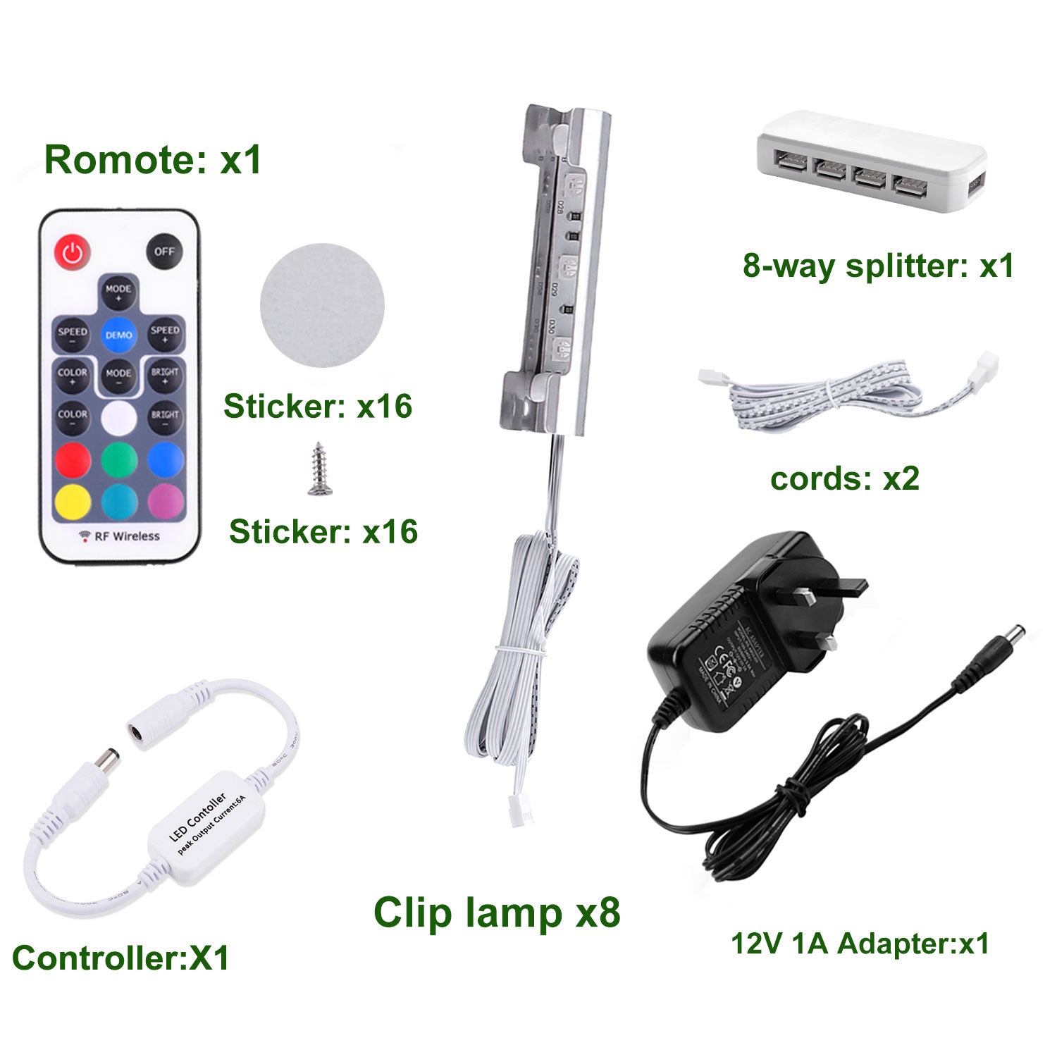 AIBOO LED-Unterschrankleuchten für Glaskantenregale, Rückseite mit Klemme, Streifenbeleuchtung, 8 Lampen mit RF-Fernbedienung und Adapter