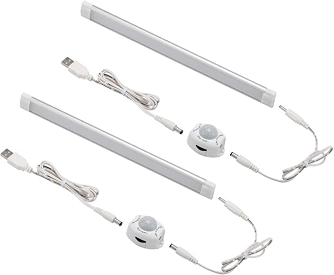 AIBOO Barre d'éclairage LED sous armoire, détecteur de mouvement, barre lumineuse pour cuisine, armoire, chevet, veilleuse de 11,2 pouces avec minuterie d'arrêt automatique, port USB (lot de 2, blanc naturel)