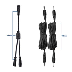 5.2X2.1 Female to 2 port 3.5 X 1.35 Male DC extension cords.